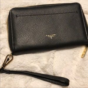 Tahari black leather wristlet